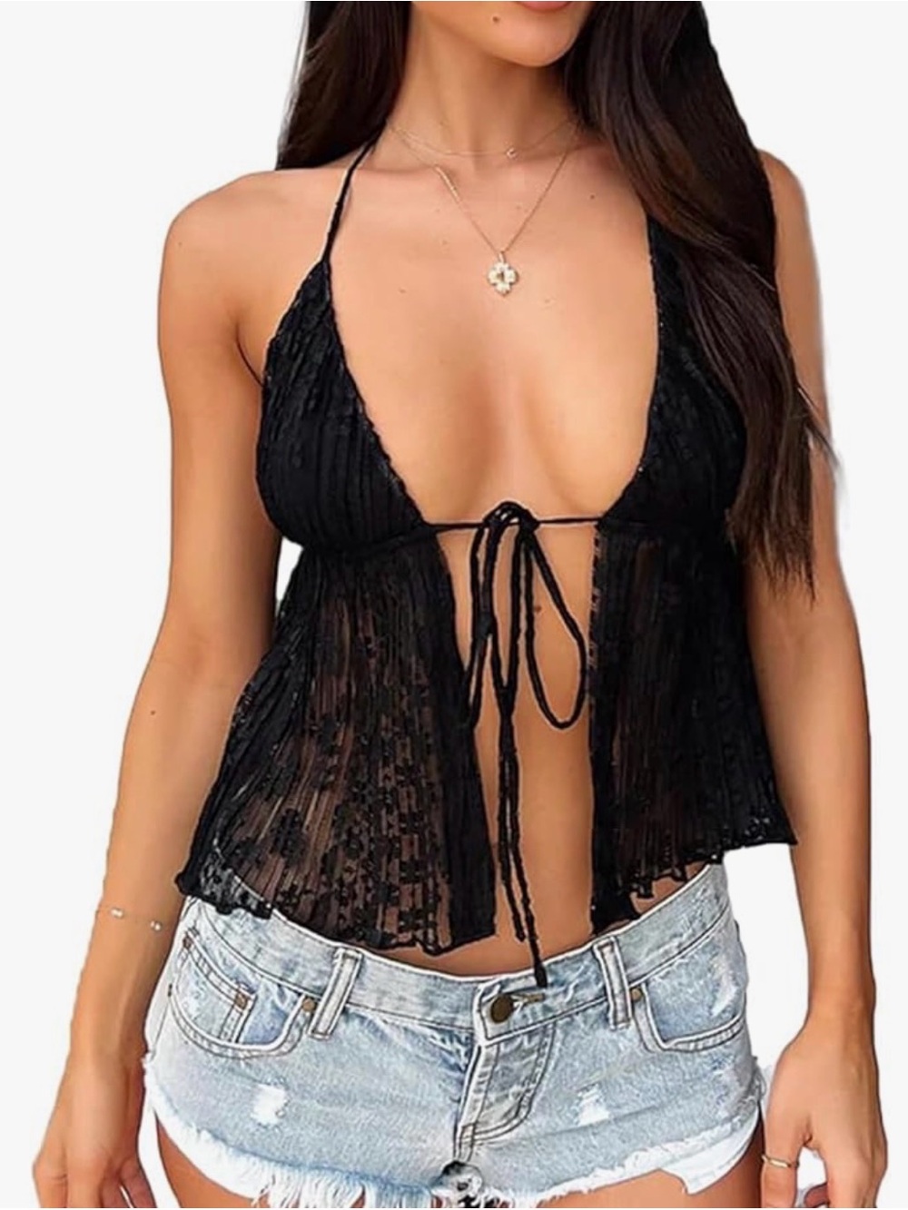 Sheer Black Tie-Front Lace Camisole